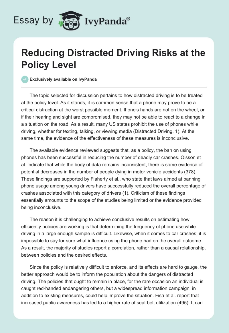 Reducing Distracted Driving Risks at the Policy Level. Page 1