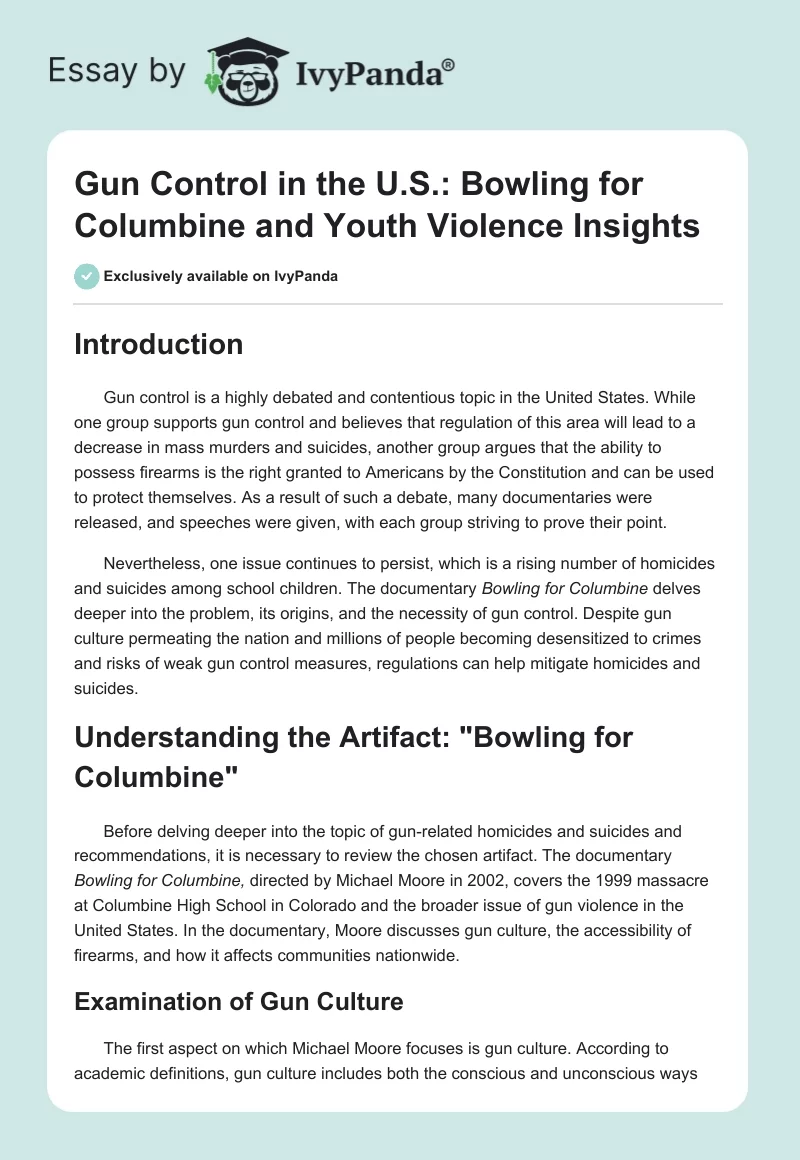 Gun Control in the U.S.: Bowling for Columbine and Youth Violence Insights. Page 1