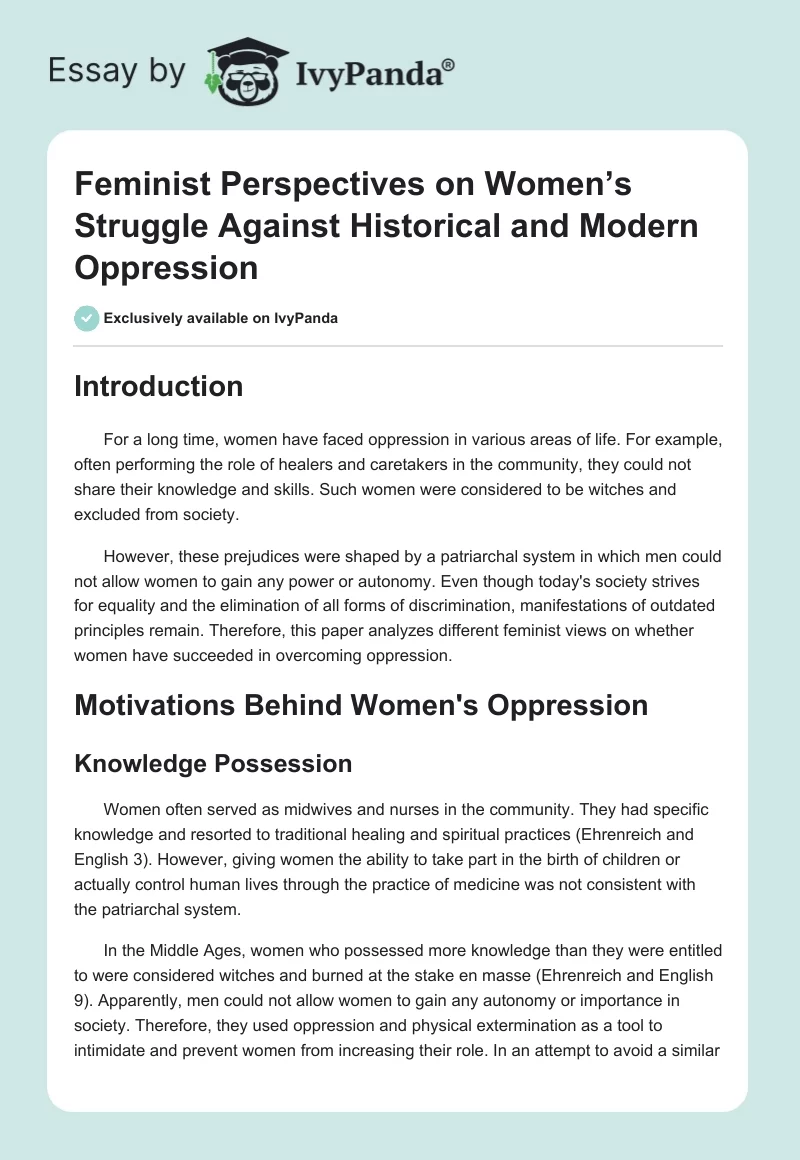 Feminist Perspectives on Women’s Struggle Against Historical and Modern Oppression. Page 1
