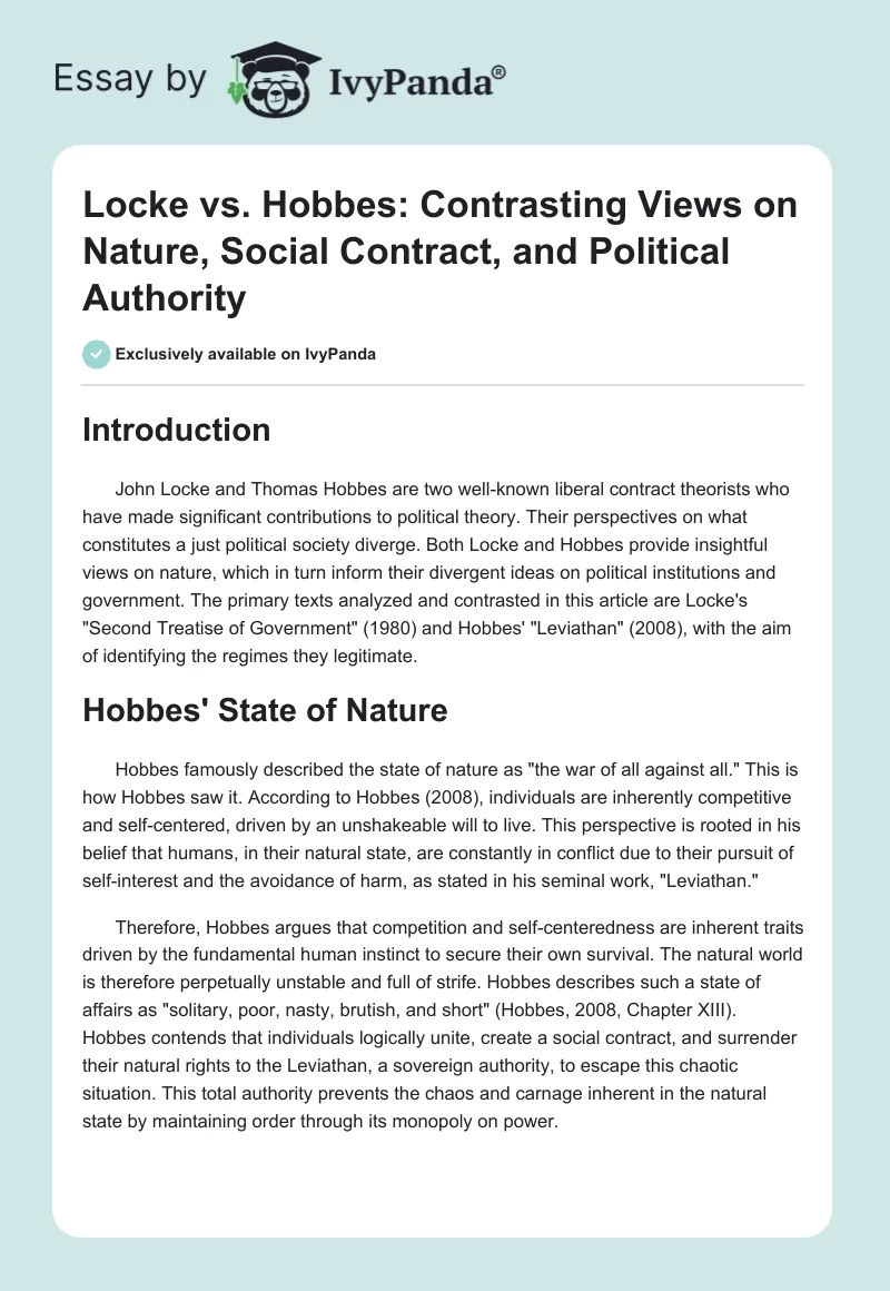 Locke vs. Hobbes: Contrasting Views on Nature, Social Contract, and Political Authority. Page 1