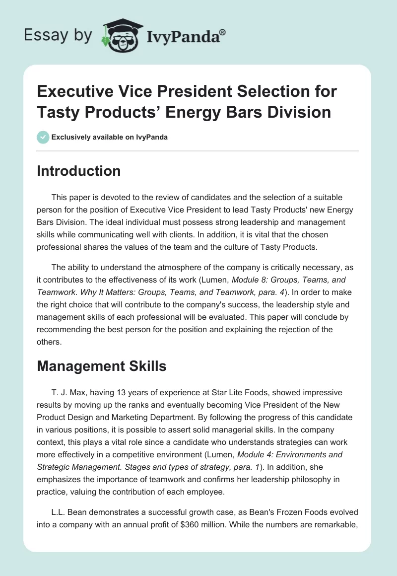 Executive Vice President Selection for Tasty Products’ Energy Bars Division. Page 1