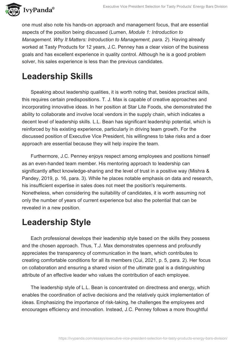 Executive Vice President Selection for Tasty Products’ Energy Bars Division. Page 2