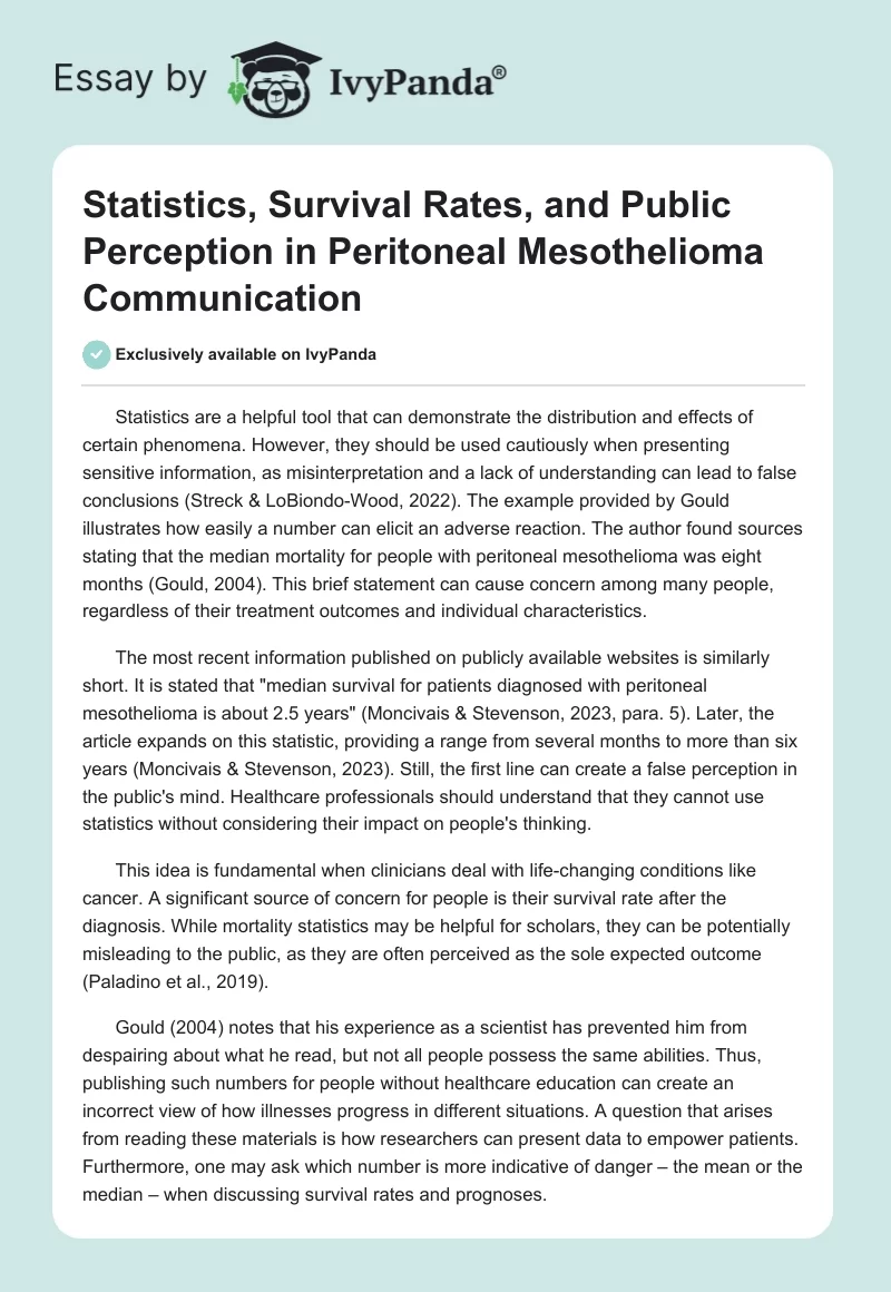 Statistics, Survival Rates, and Public Perception in Peritoneal Mesothelioma Communication. Page 1