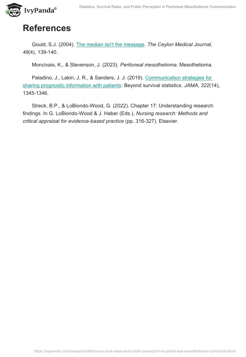 Statistics, Survival Rates, and Public Perception in Peritoneal Mesothelioma Communication. Page 2