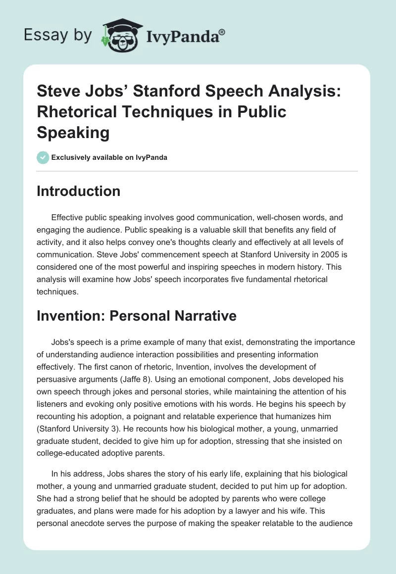 Steve Jobs’ Stanford Speech Analysis: Rhetorical Techniques in Public Speaking. Page 1