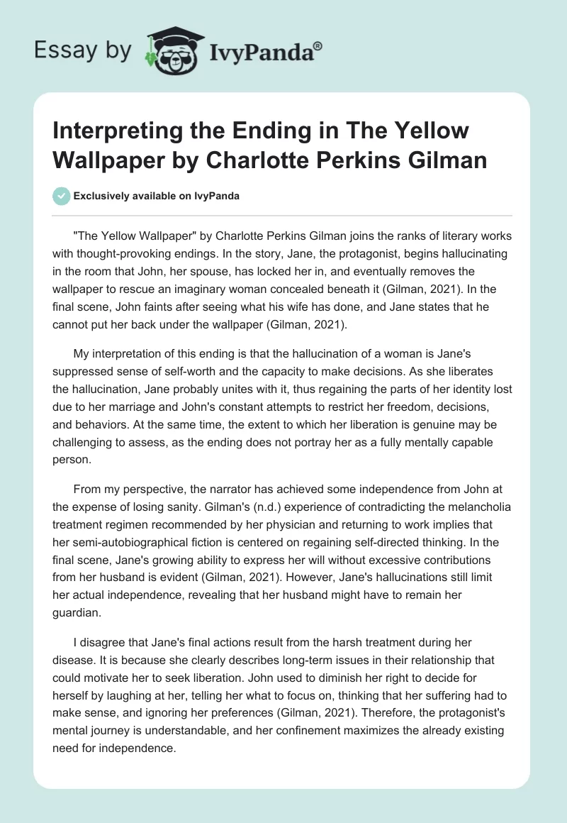 Interpreting the Ending in The Yellow Wallpaper by Charlotte Perkins Gilman. Page 1