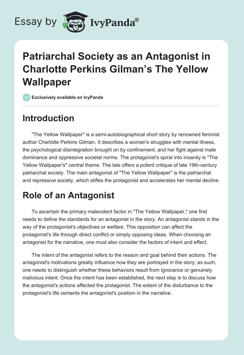 Patriarchal Society as an Antagonist in Charlotte Perkins Gilman’s The Yellow Wallpaper. Page 1