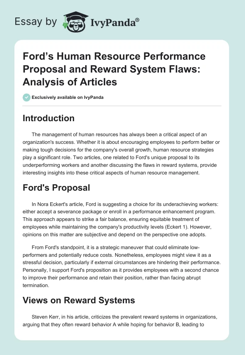 Ford’s Human Resource Performance Proposal and Reward System Flaws: Analysis of Articles. Page 1