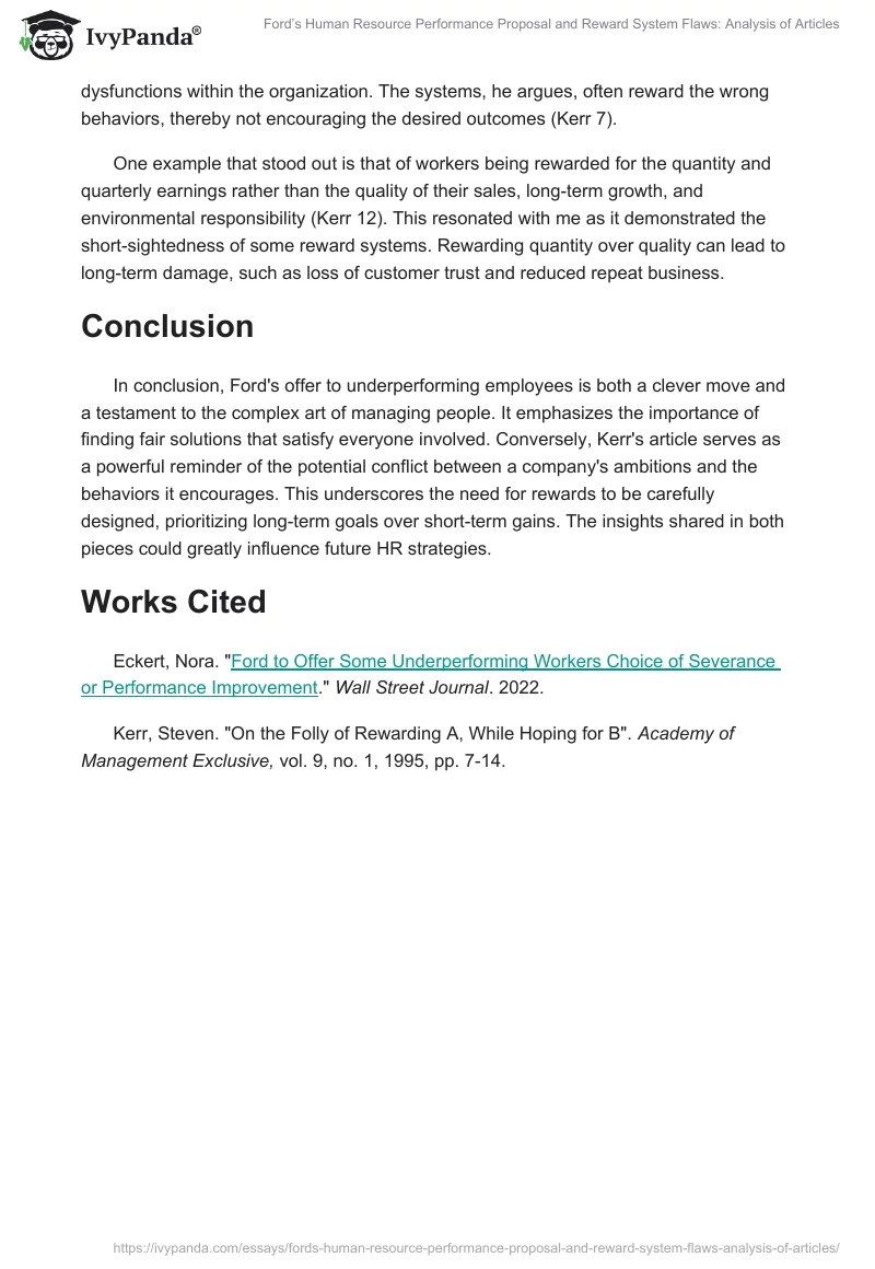 Ford’s Human Resource Performance Proposal and Reward System Flaws: Analysis of Articles. Page 2