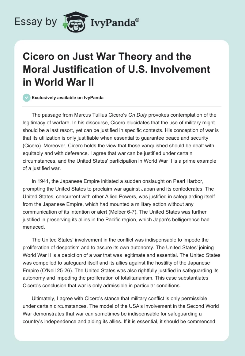 Cicero on Just War Theory and the Moral Justification of U.S. Involvement in World War II. Page 1