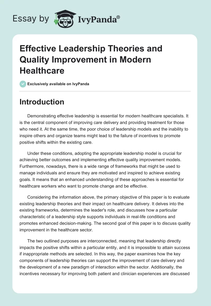 Effective Leadership Theories and Quality Improvement in Modern Healthcare. Page 1