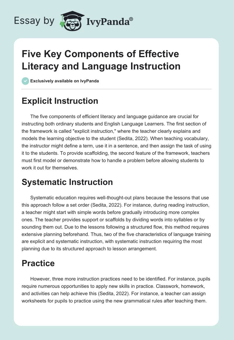 Five Key Components of Effective Literacy and Language Instruction. Page 1