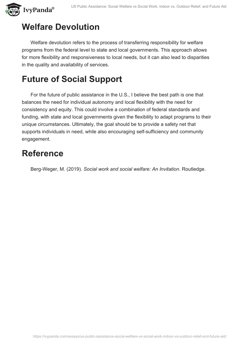 US Public Assistance: Social Welfare vs Social Work, Indoor vs. Outdoor Relief, and Future Aid. Page 2