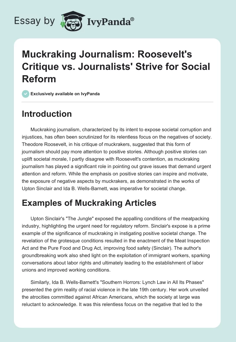 Muckraking Journalism: Roosevelt's Critique vs. Journalists' Strive for Social Reform. Page 1