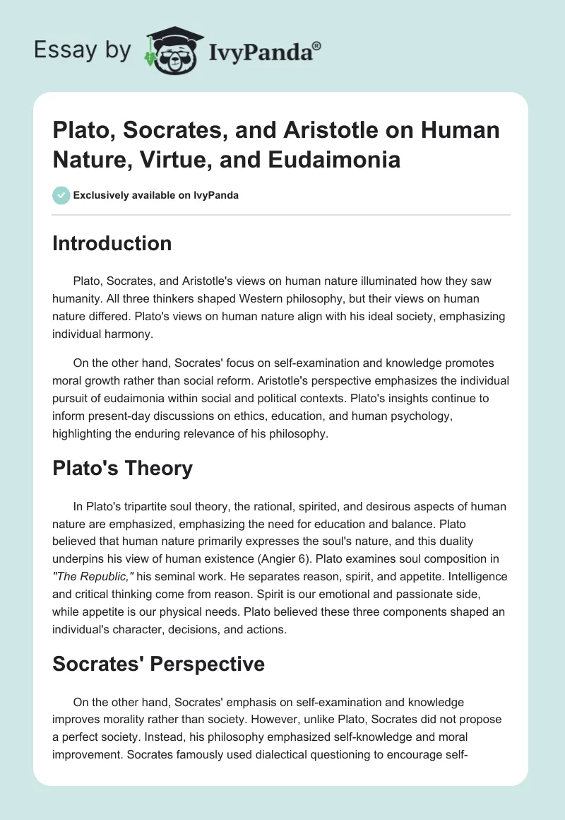Plato, Socrates, and Aristotle on Human Nature, Virtue, and Eudaimonia. Page 1