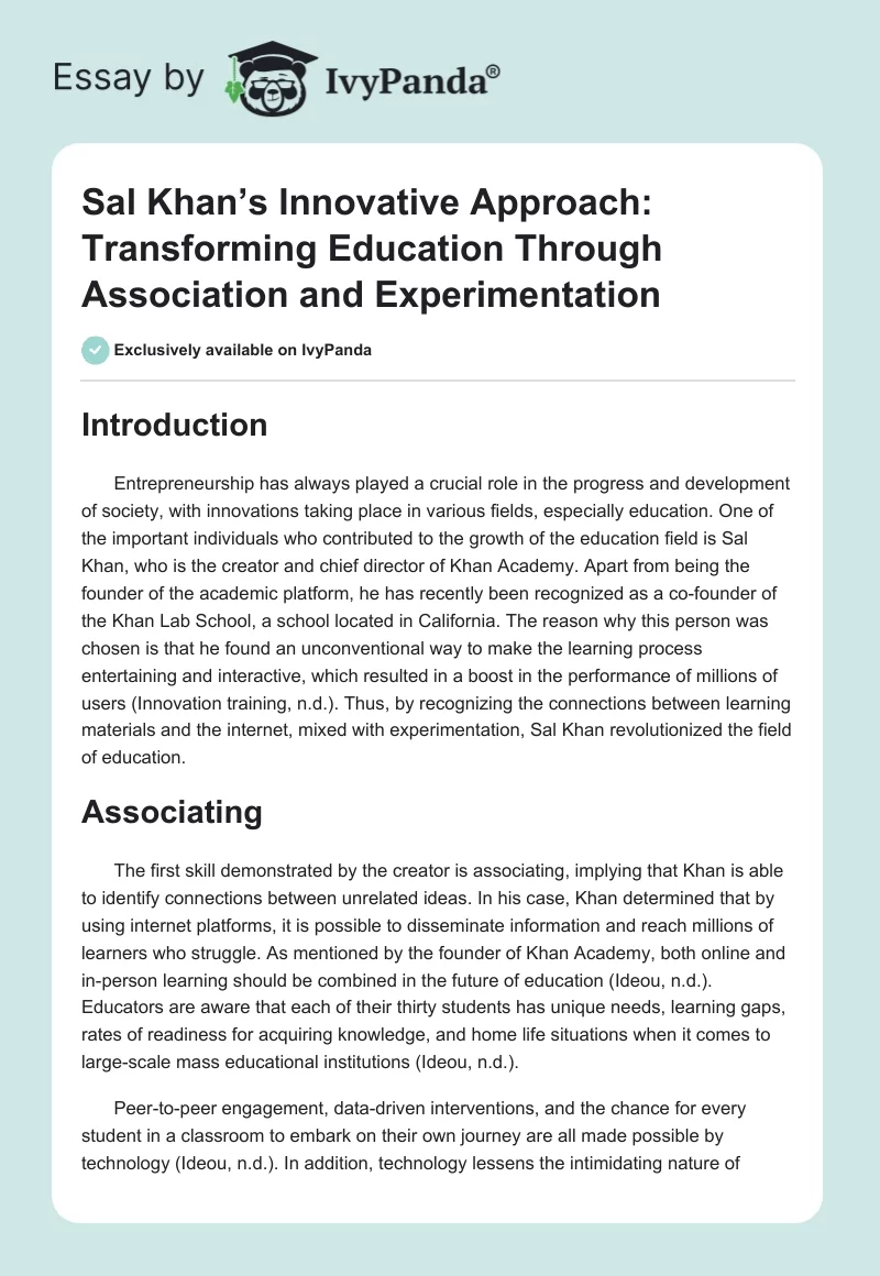 Sal Khan’s Innovative Approach: Transforming Education Through Association and Experimentation. Page 1