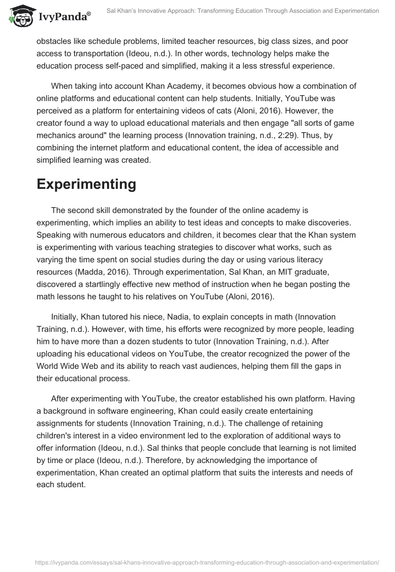 Sal Khan’s Innovative Approach: Transforming Education Through Association and Experimentation. Page 2