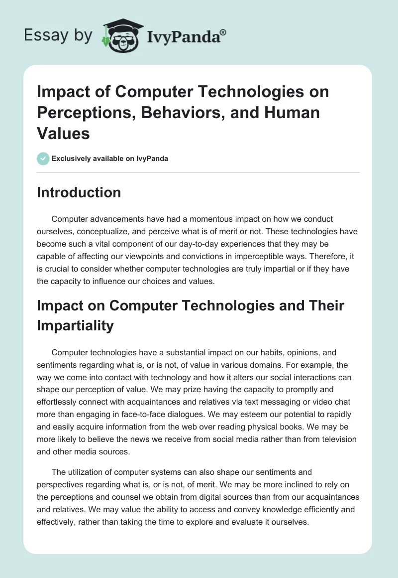 Impact of Computer Technologies on Perceptions, Behaviors, and Human Values. Page 1