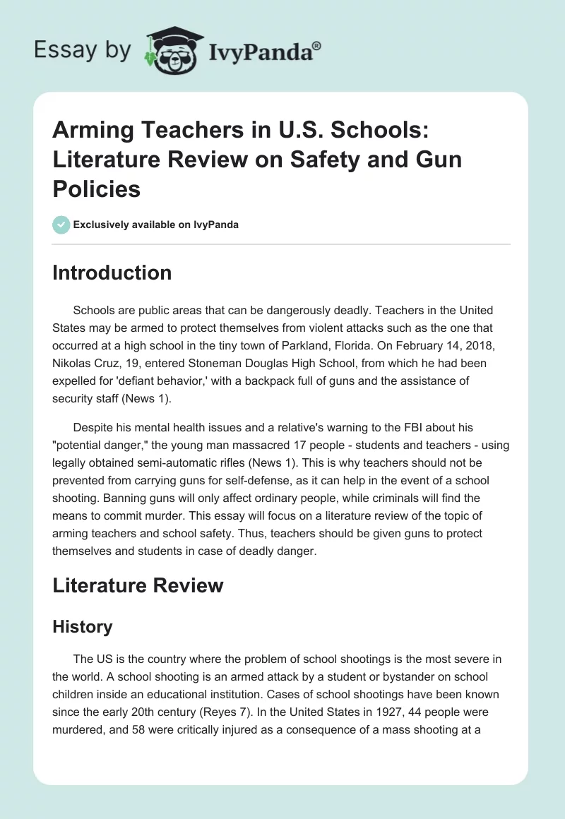 Arming Teachers in U.S. Schools: Literature Review on Safety and Gun Policies. Page 1