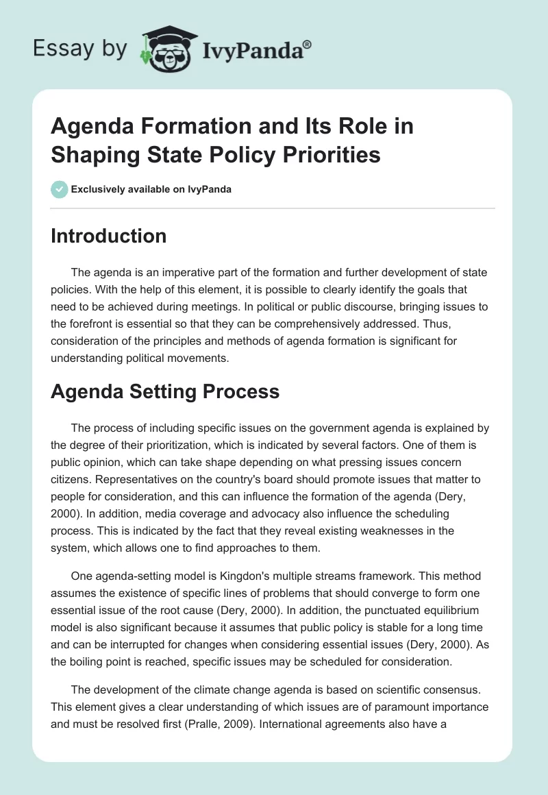 Agenda Formation and Its Role in Shaping State Policy Priorities. Page 1