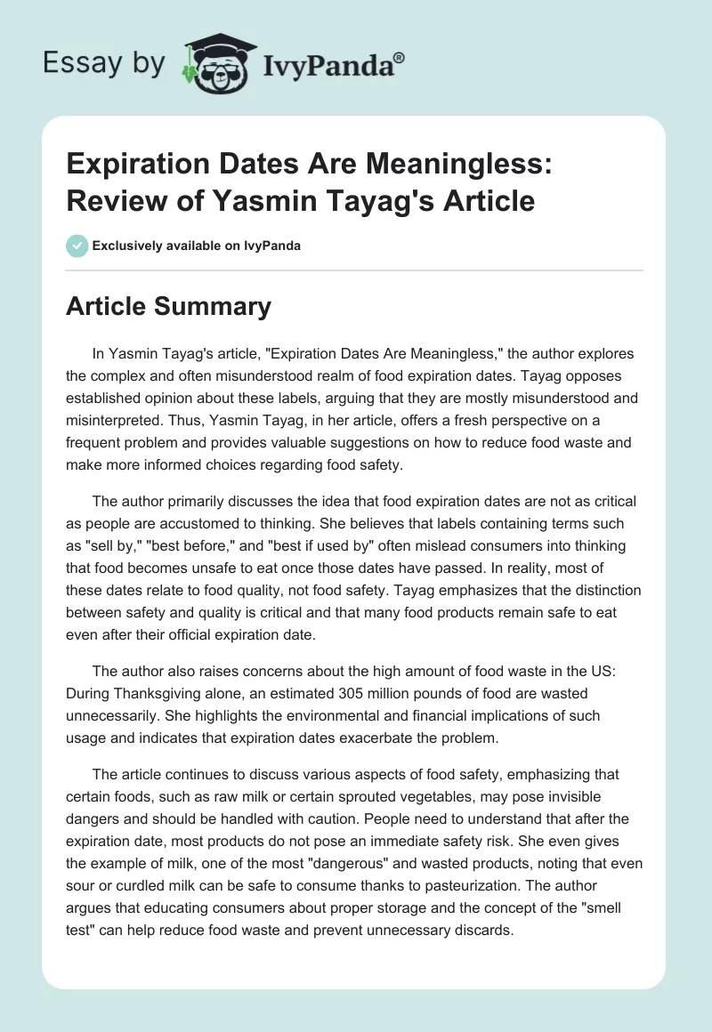 "Expiration Dates Are Meaningless": Review of Yasmin Tayag's Article. Page 1