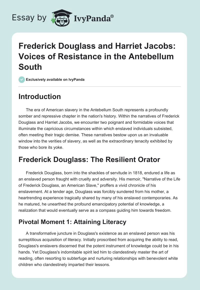 Frederick Douglass and Harriet Jacobs: Voices of Resistance in the Antebellum South. Page 1