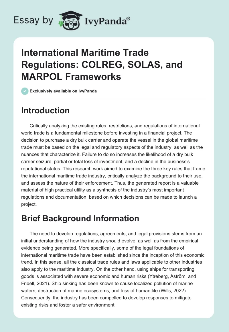 International Maritime Trade Regulations: COLREG, SOLAS, and MARPOL Frameworks. Page 1