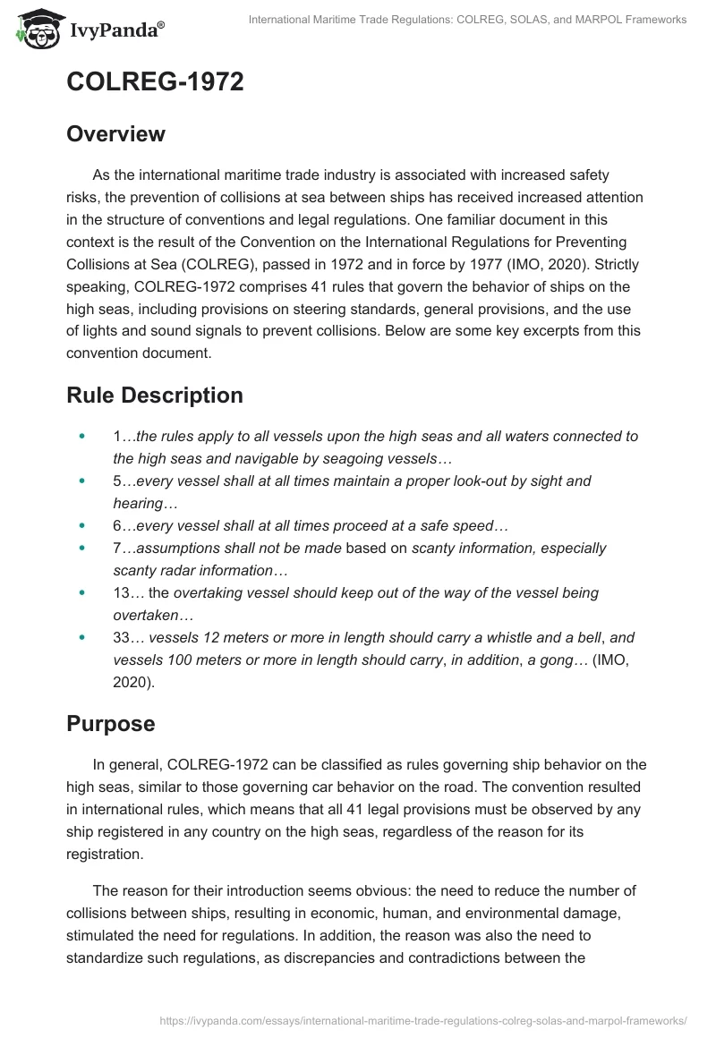 International Maritime Trade Regulations: COLREG, SOLAS, and MARPOL Frameworks. Page 2