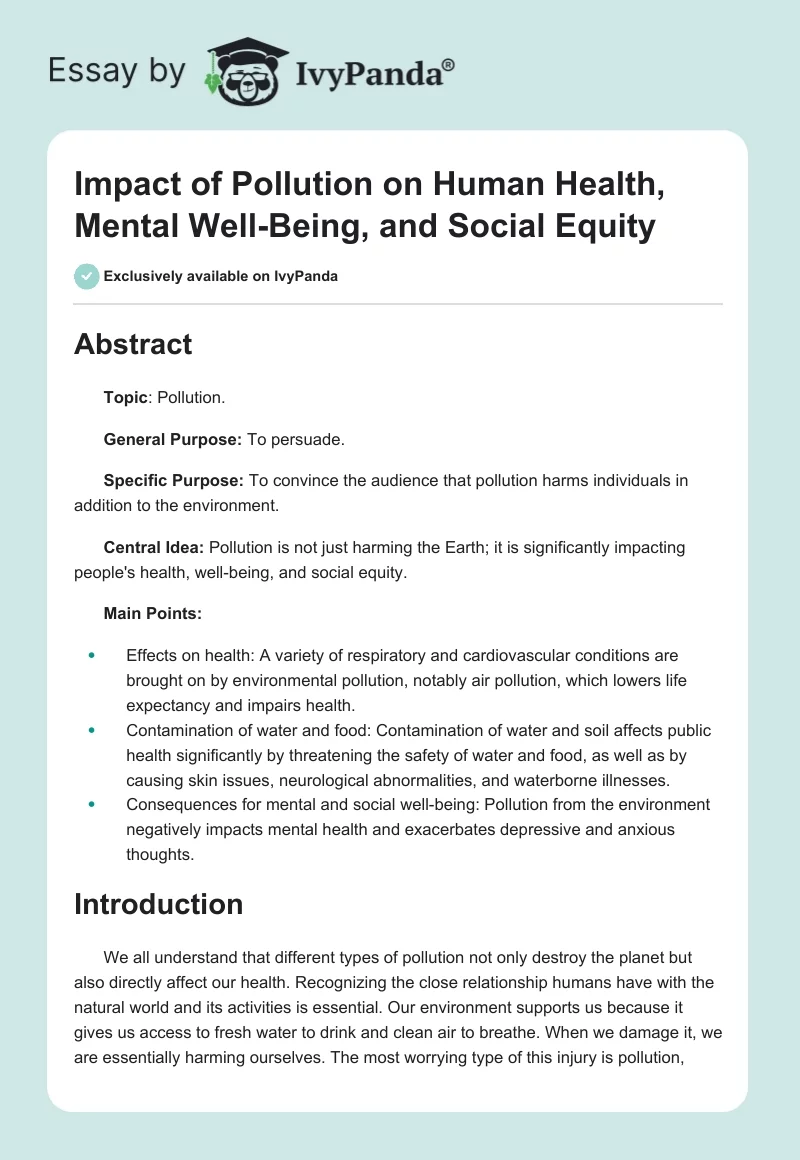 Impact of Pollution on Human Health, Mental Well-Being, and Social Equity. Page 1