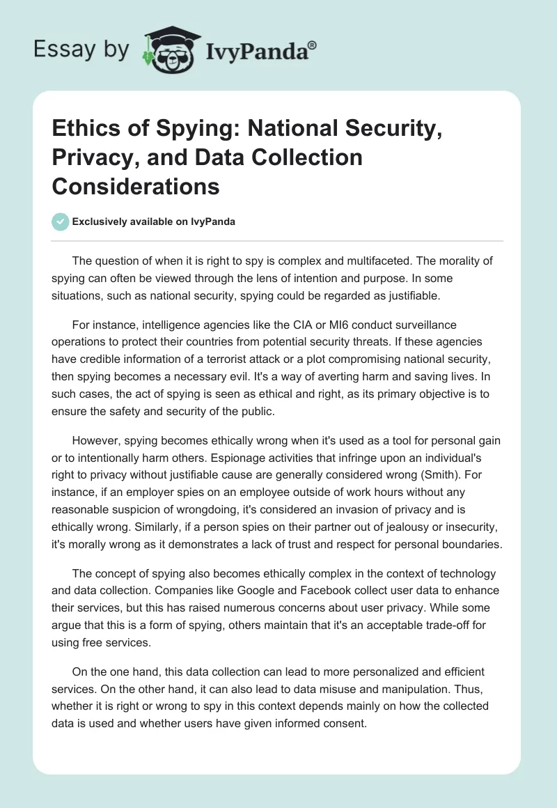 Ethics of Spying: National Security, Privacy, and Data Collection Considerations. Page 1