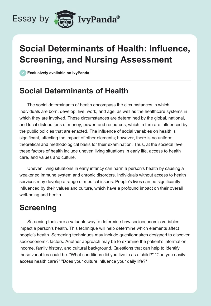 Social Determinants of Health: Influence, Screening, and Nursing Assessment. Page 1