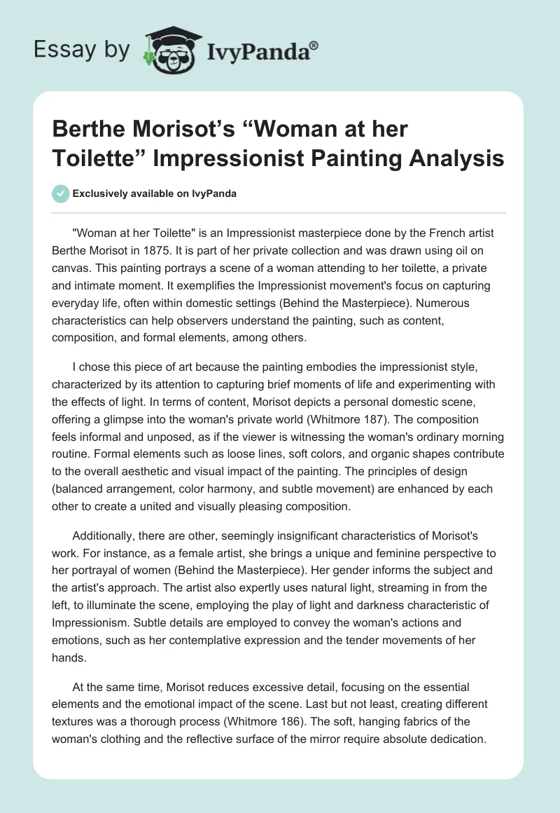 Berthe Morisot’s “Woman at her Toilette” Impressionist Painting Analysis. Page 1
