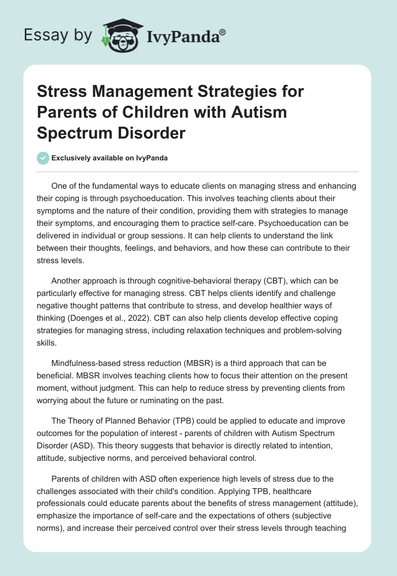 Stress Management Strategies for Parents of Children with Autism Spectrum Disorder. Page 1