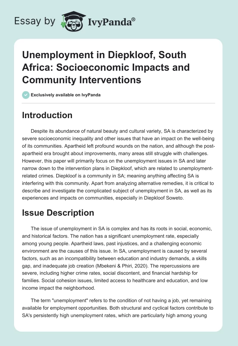 Unemployment in Diepkloof, South Africa: Socioeconomic Impacts and Community Interventions. Page 1