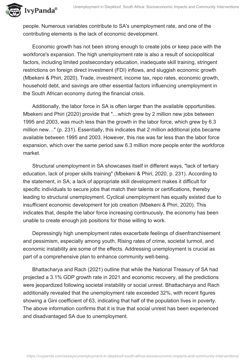 Unemployment in Diepkloof, South Africa: Socioeconomic Impacts and Community Interventions. Page 2