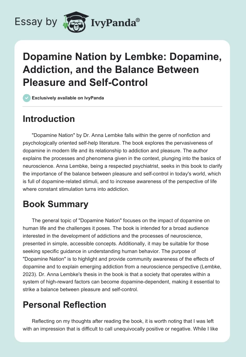 Dopamine Nation by Lembke: Dopamine, Addiction, and the Balance Between Pleasure and Self-Control. Page 1