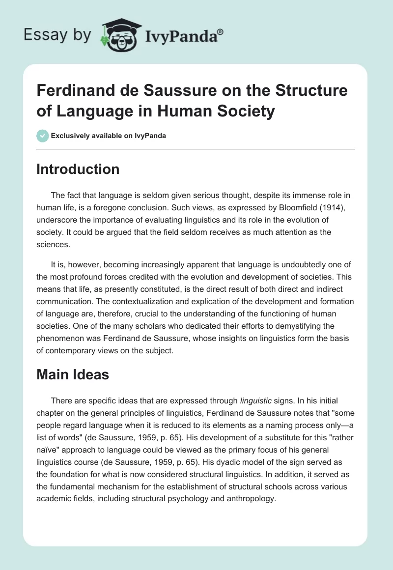 Ferdinand de Saussure on the Structure of Language in Human Society. Page 1