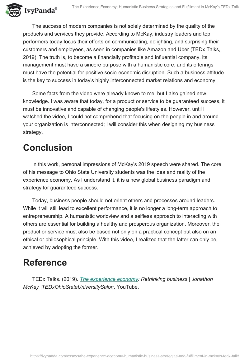 The Experience Economy: Humanistic Business Strategies and Fulfillment in McKay’s TEDx Talk. Page 2