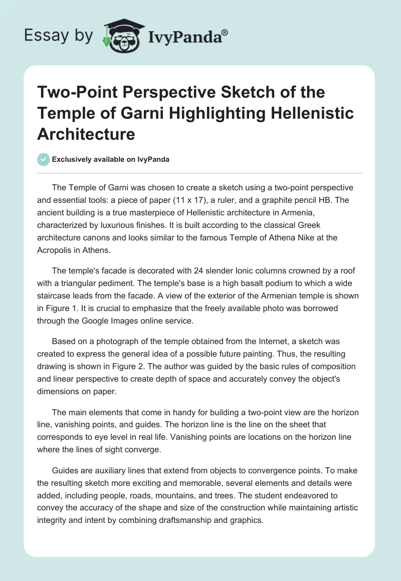Two-Point Perspective Sketch of the Temple of Garni Highlighting Hellenistic Architecture. Page 1