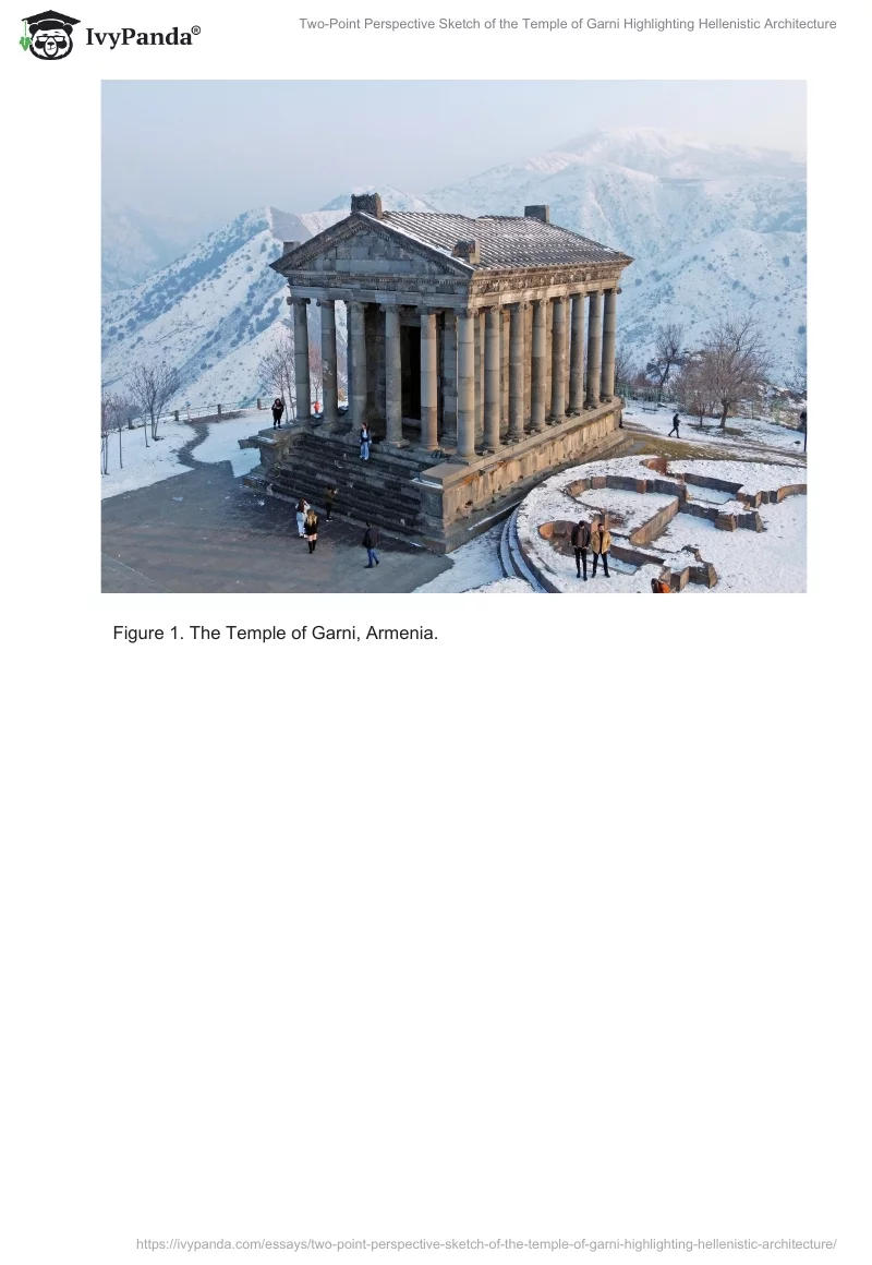 Two-Point Perspective Sketch of the Temple of Garni Highlighting Hellenistic Architecture. Page 2
