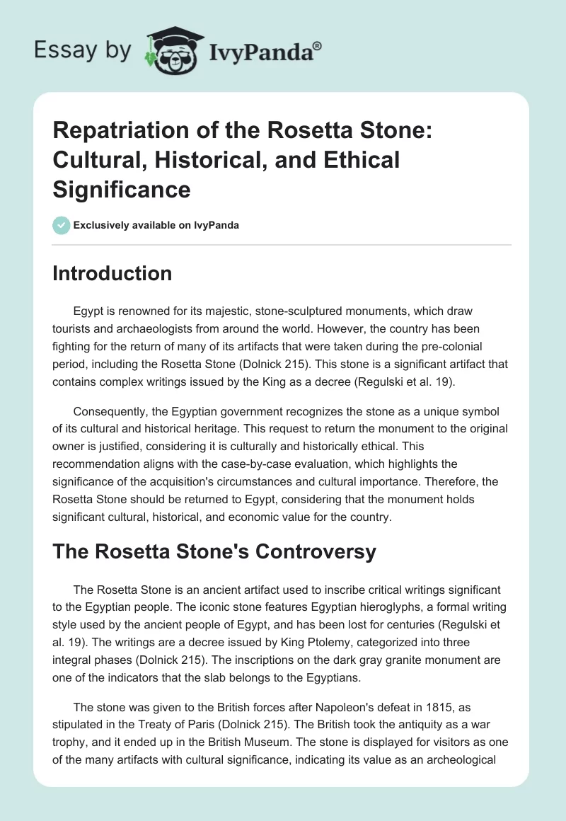Repatriation of the Rosetta Stone: Cultural, Historical, and Ethical Significance. Page 1