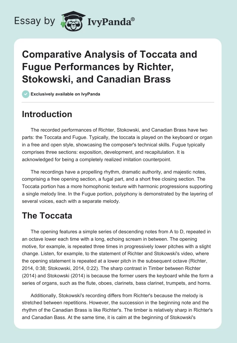 Comparative Analysis of Toccata and Fugue Performances by Richter, Stokowski, and Canadian Brass. Page 1