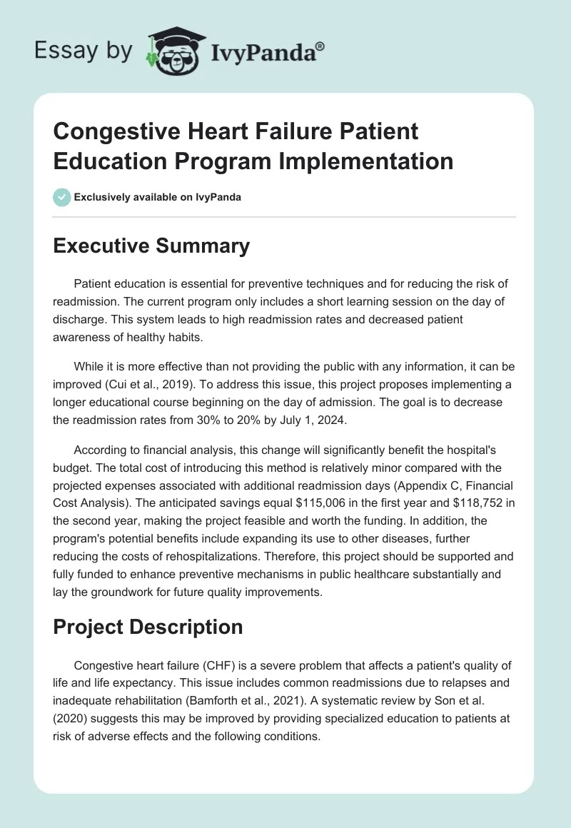 Congestive Heart Failure Patient Education Program Implementation. Page 1
