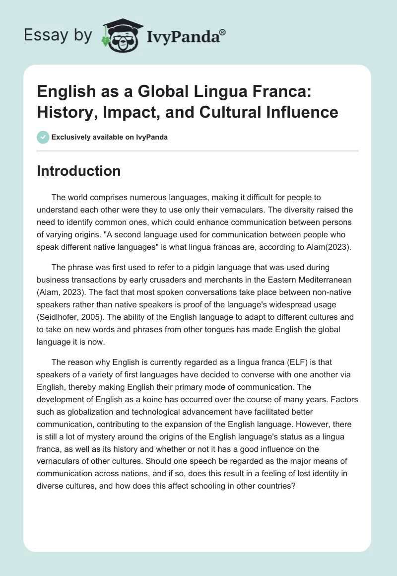 English as a Global Lingua Franca: History, Impact, and Cultural Influence. Page 1