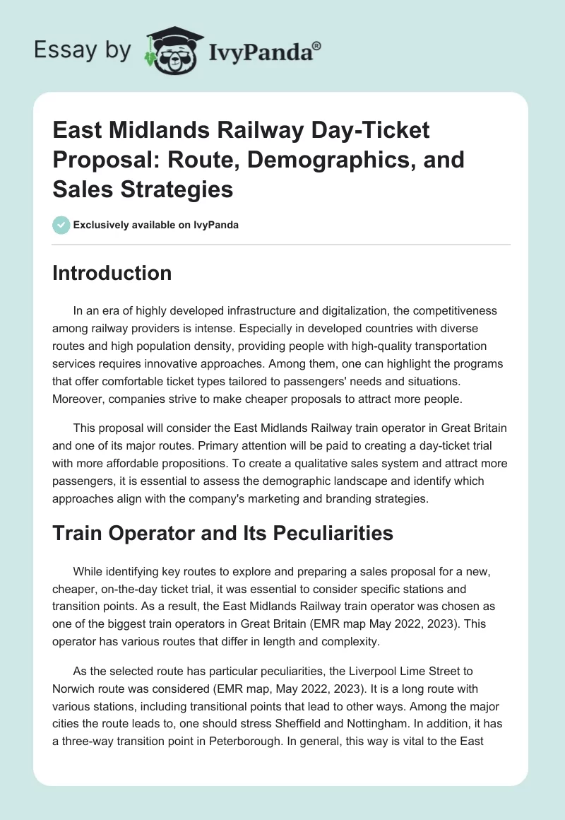 East Midlands Railway Day-Ticket Proposal: Route, Demographics, and Sales Strategies. Page 1