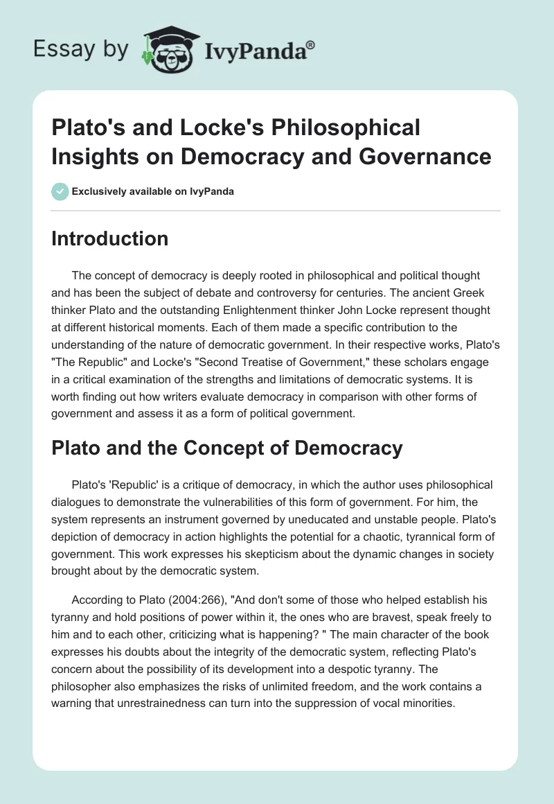 Plato's and Locke's Philosophical Insights on Democracy and Governance. Page 1