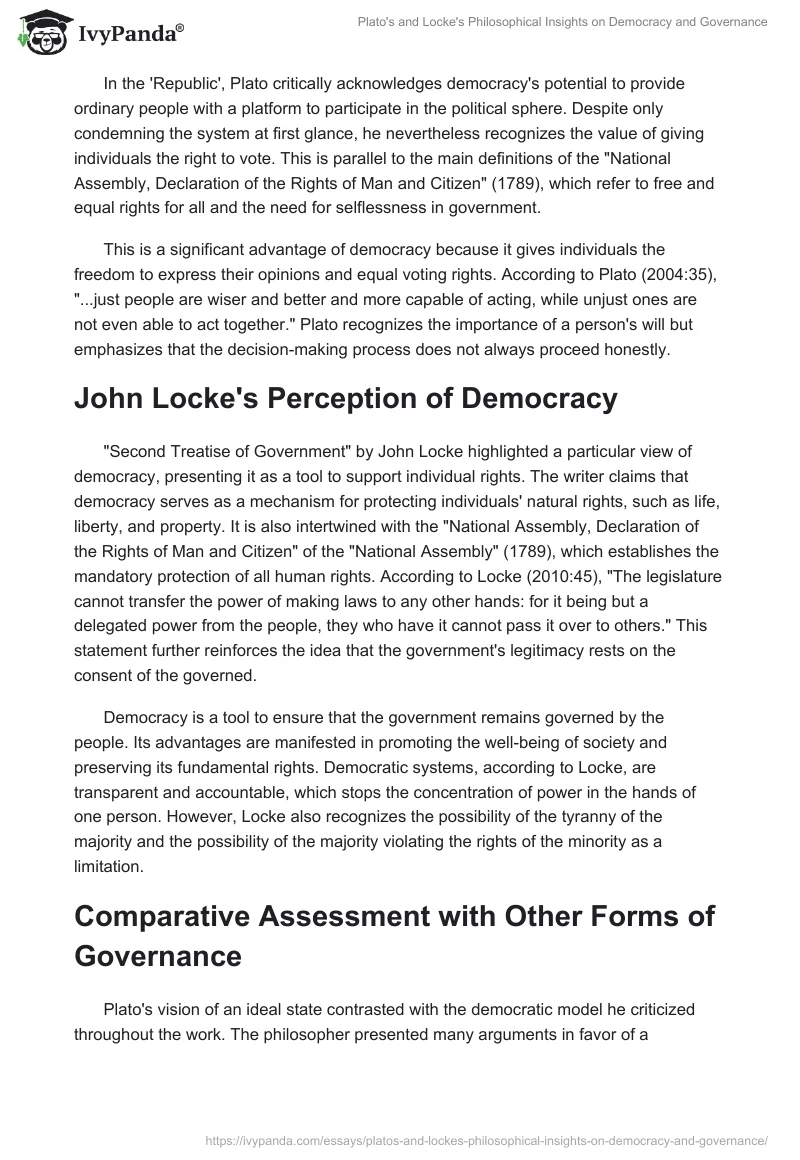 Plato's and Locke's Philosophical Insights on Democracy and Governance. Page 2