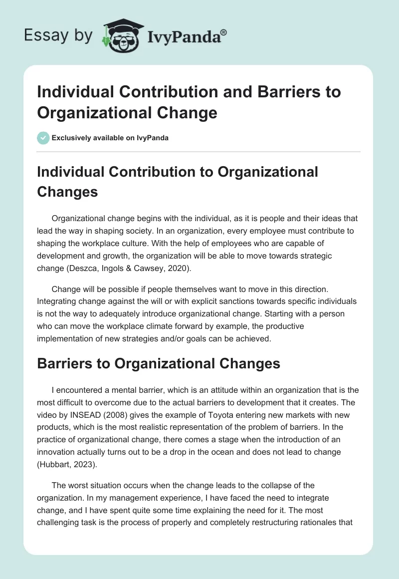 Individual Contribution and Barriers to Organizational Change. Page 1