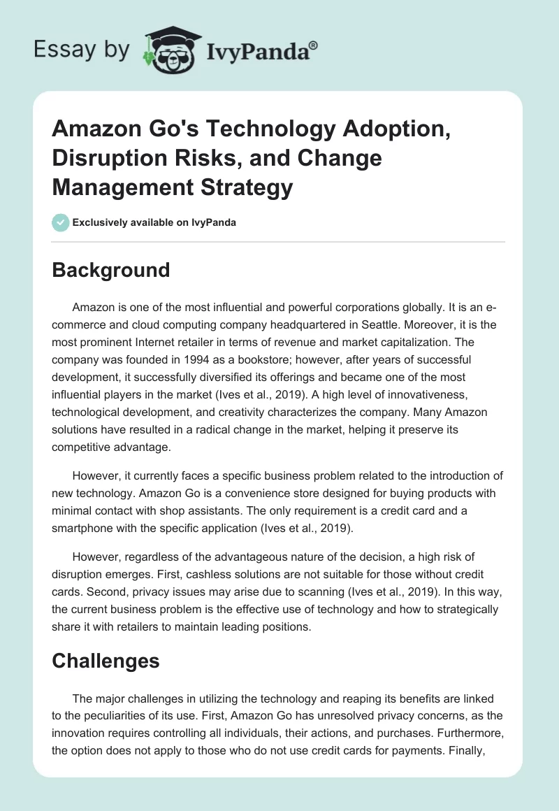 Amazon Go's Technology Adoption, Disruption Risks, and Change Management Strategy. Page 1