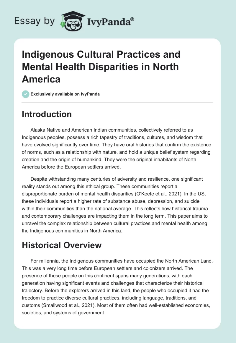 Indigenous Cultural Practices and Mental Health Disparities in North America. Page 1
